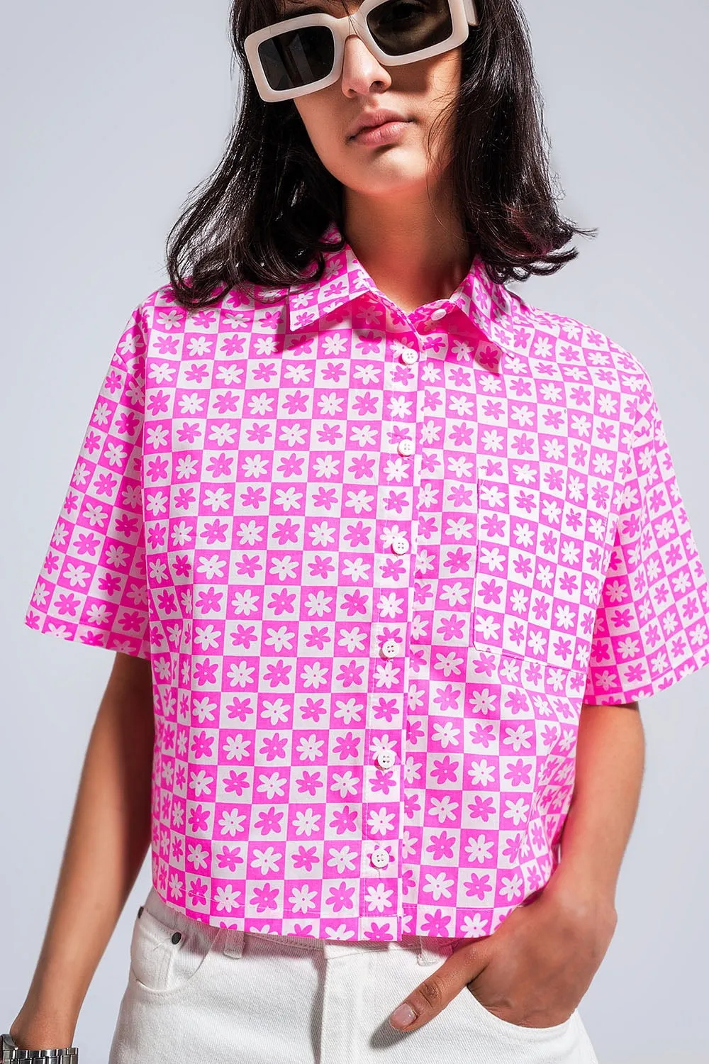 90s Cropped Button Through Pink Shirt