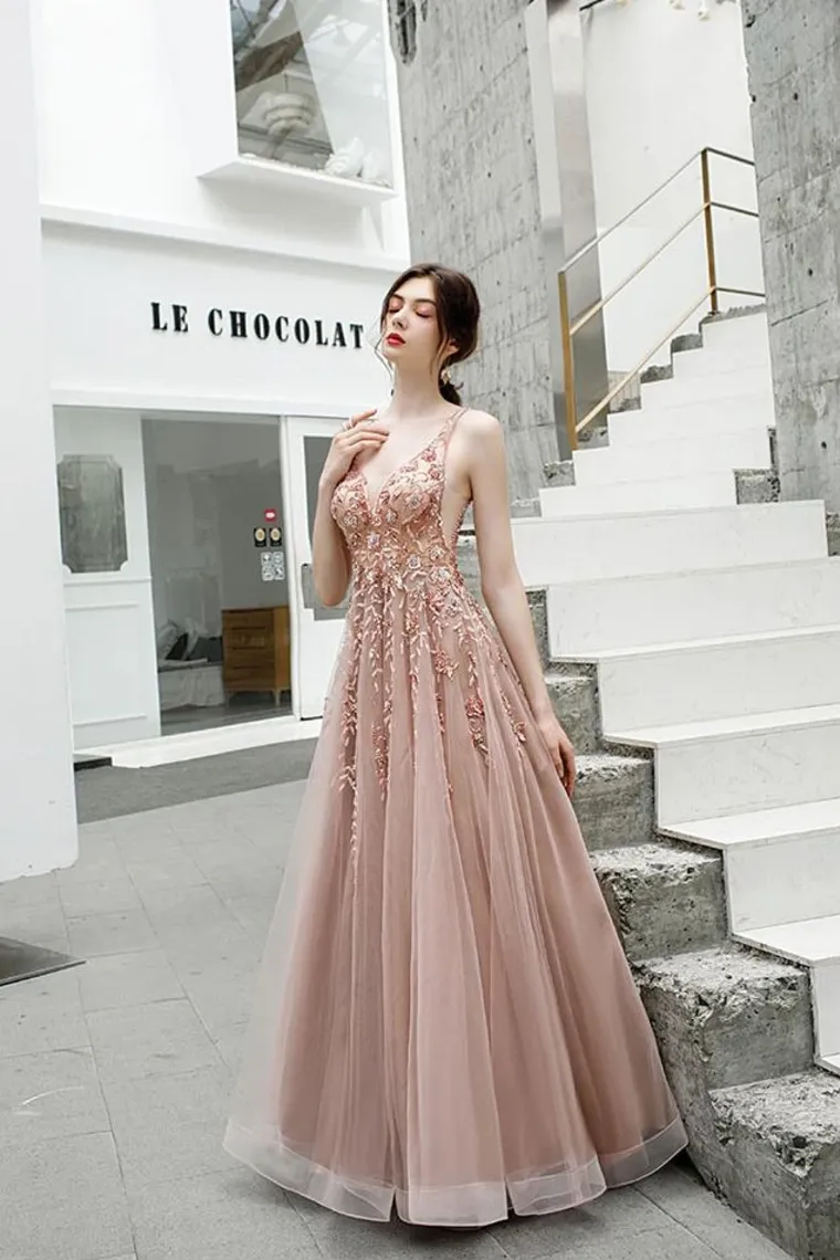 A Line V Neck Beads Straps Prom Dresses Floor Length Dance Dresses