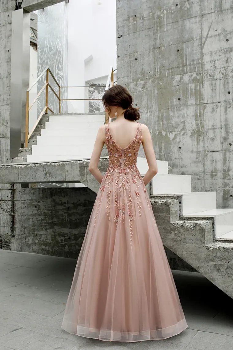 A Line V Neck Beads Straps Prom Dresses Floor Length Dance Dresses
