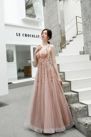 A Line V Neck Beads Straps Prom Dresses Floor Length Dance Dresses