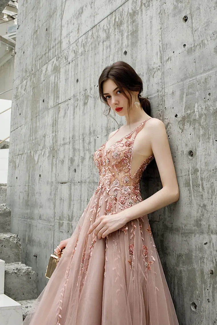 A Line V Neck Beads Straps Prom Dresses Floor Length Dance Dresses