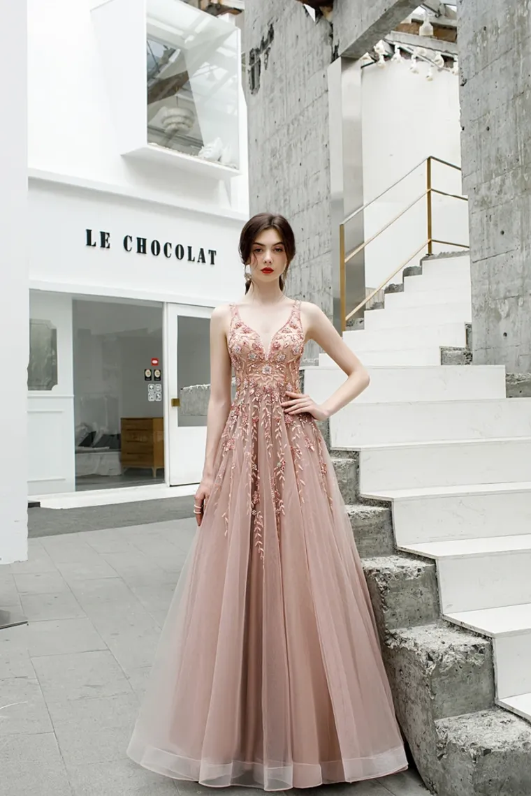 A Line V Neck Beads Straps Prom Dresses Floor Length Dance Dresses