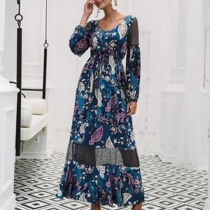 Boho Printed Mesh Hollow Out Long Sleeve High Waist Dress