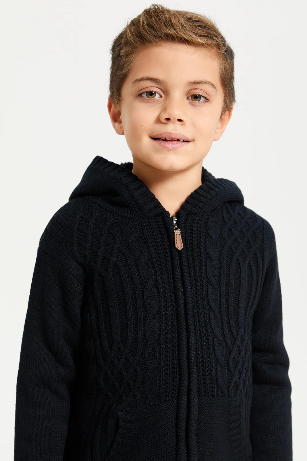 Boys Black Zip Thur Fur Lining Hooded Cardigan