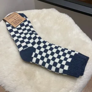 Checked Cosy Socks - Blue & White
