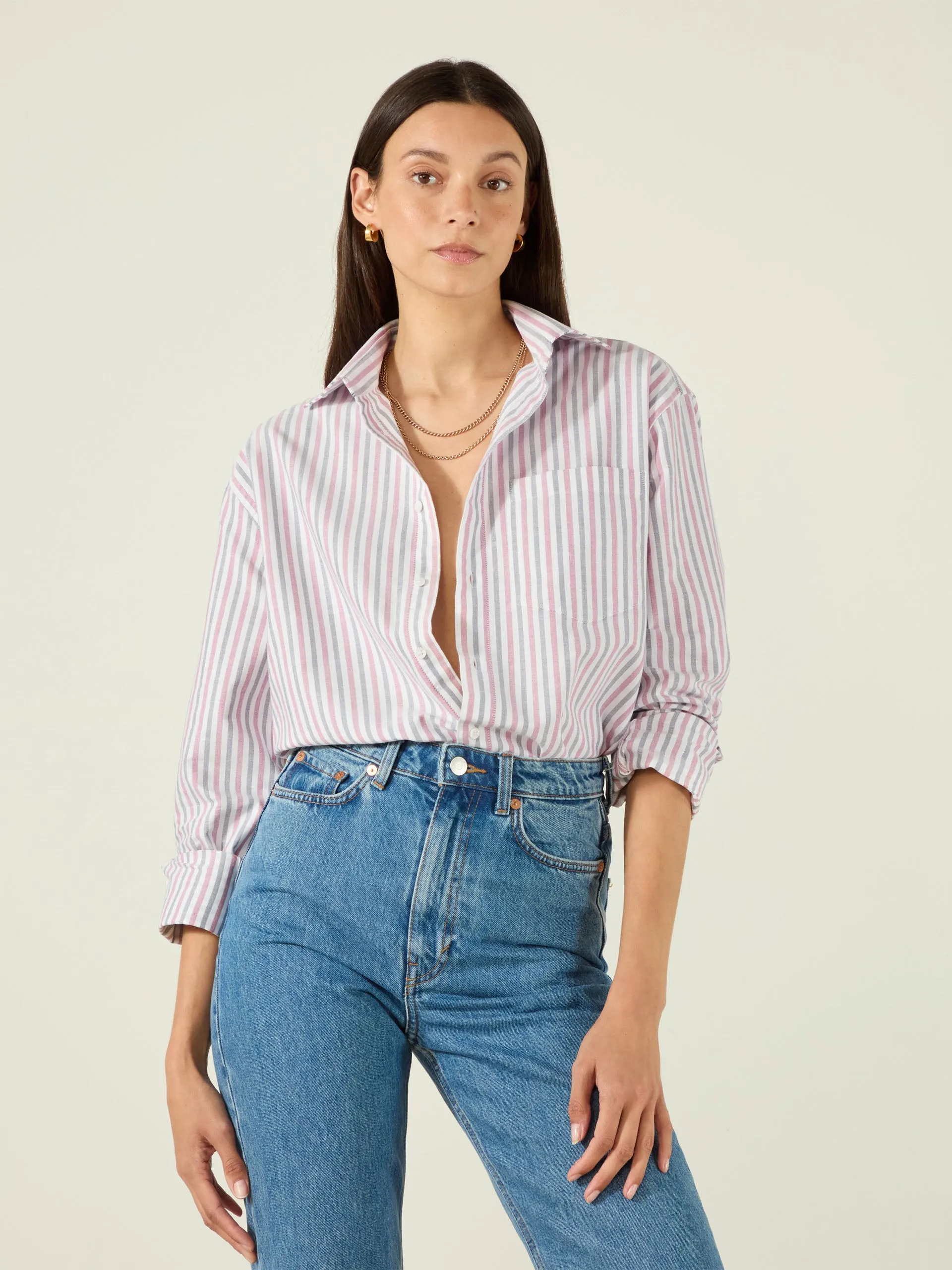 Chessie oxford, red and navy stripe shirt
