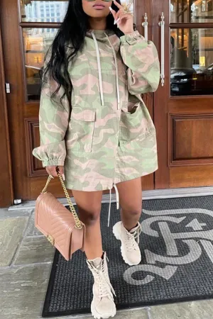 Chic Camo Drawstring Hood Pocket Pullover Dress