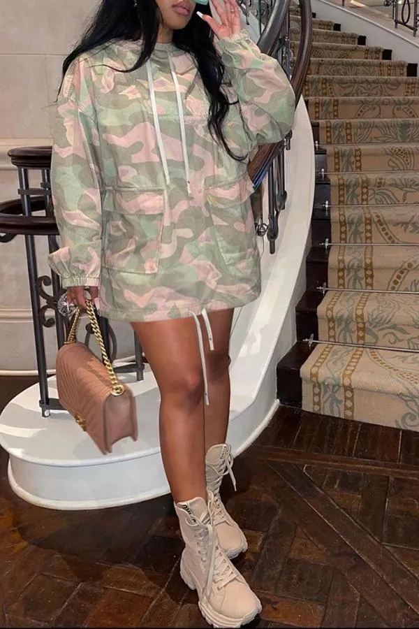 Chic Camo Drawstring Hood Pocket Pullover Dress