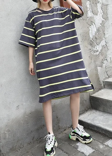 Chic gray green Cotton dresses side open Knee summer Dresses