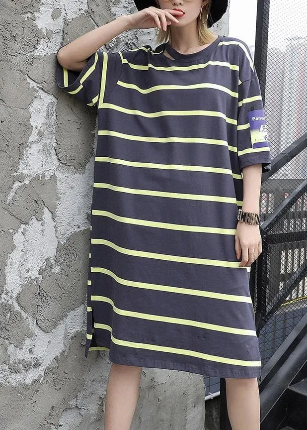 Chic gray green Cotton dresses side open Knee summer Dresses