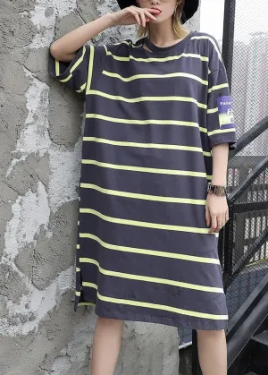 Chic gray green Cotton dresses side open Knee summer Dresses