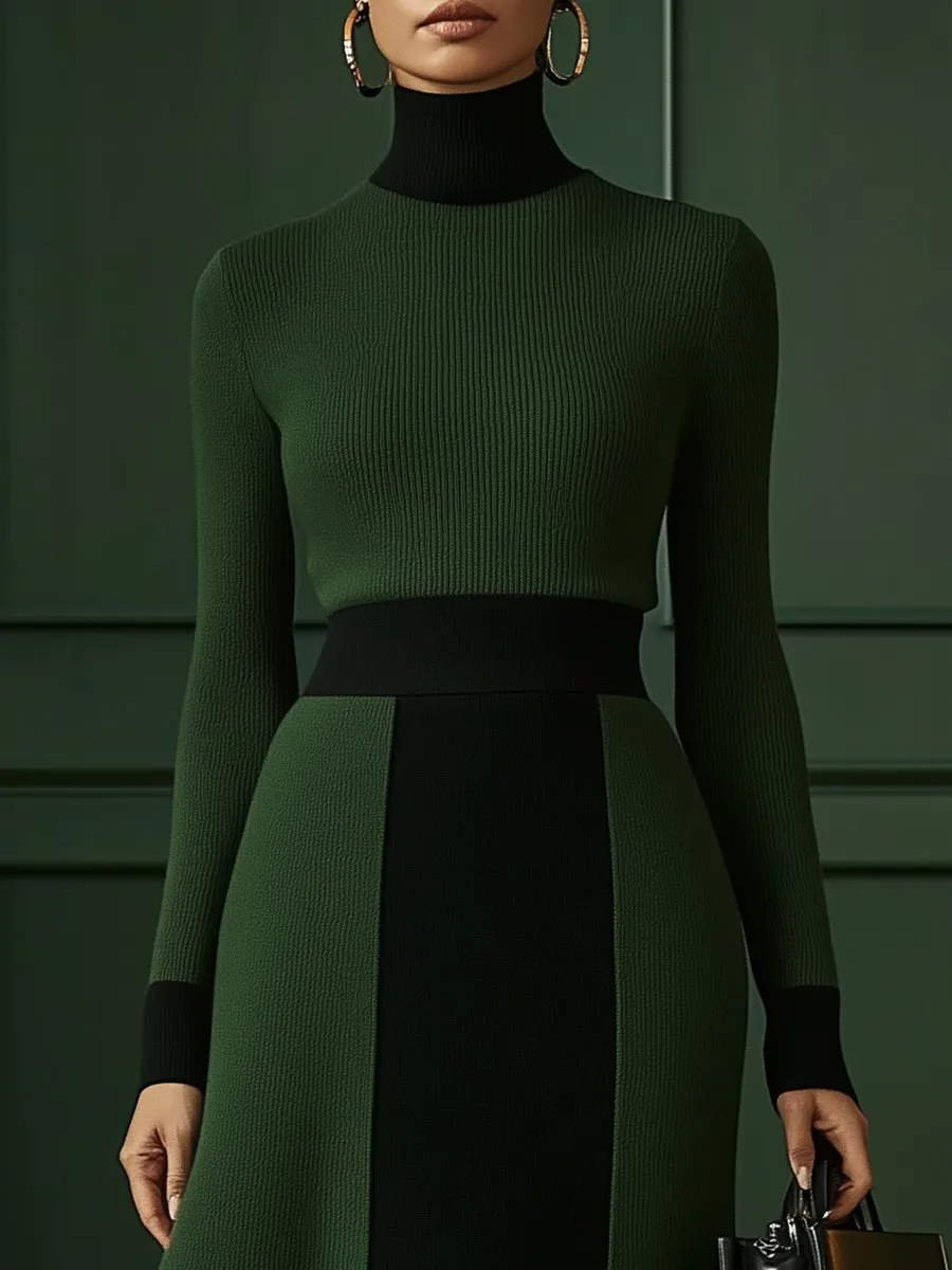 Chic Green and Black Knit Midi Dress with Turtleneck Style