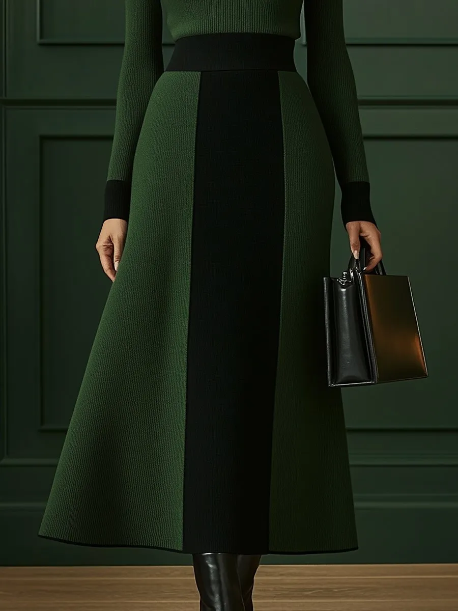 Chic Green and Black Knit Midi Dress with Turtleneck Style