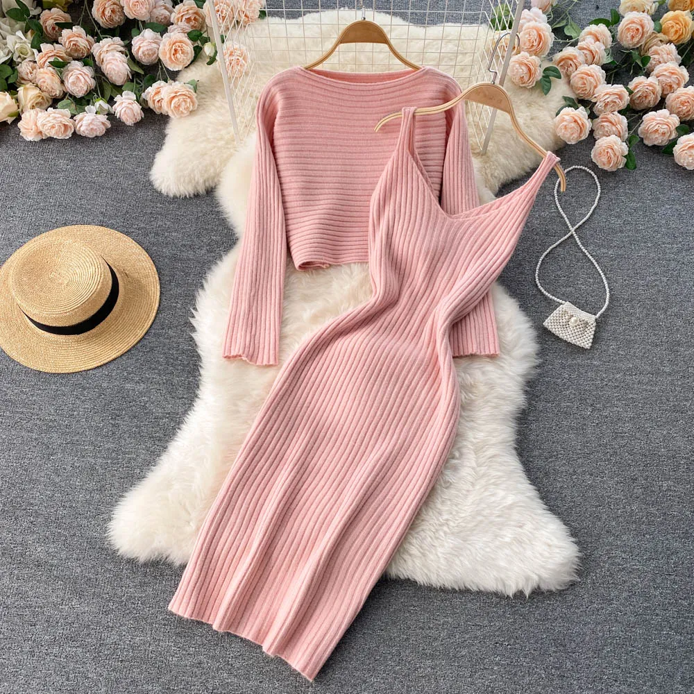 Chic Jersey&Halter V-neck Dress 2Pcs