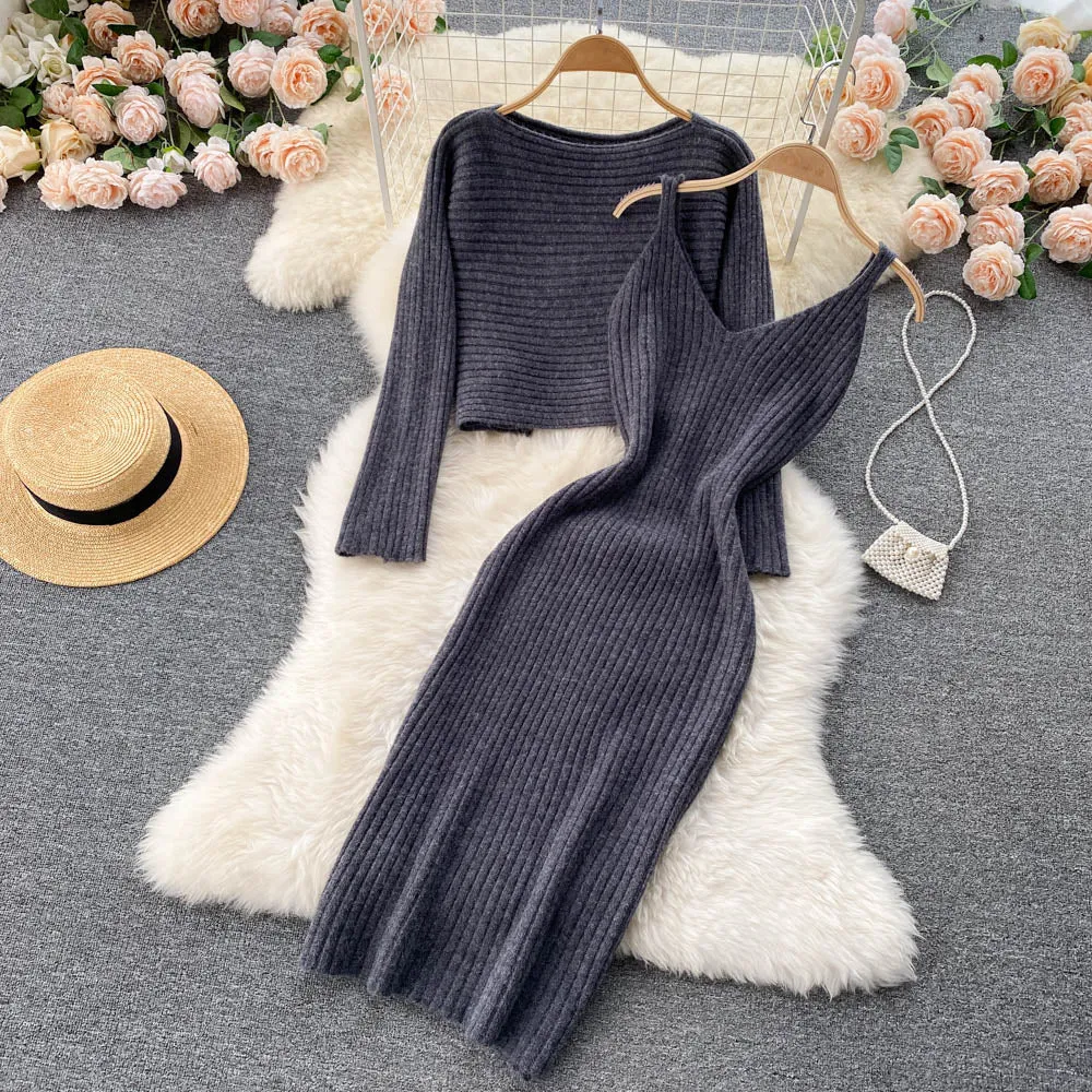 Chic Jersey&Halter V-neck Dress 2Pcs