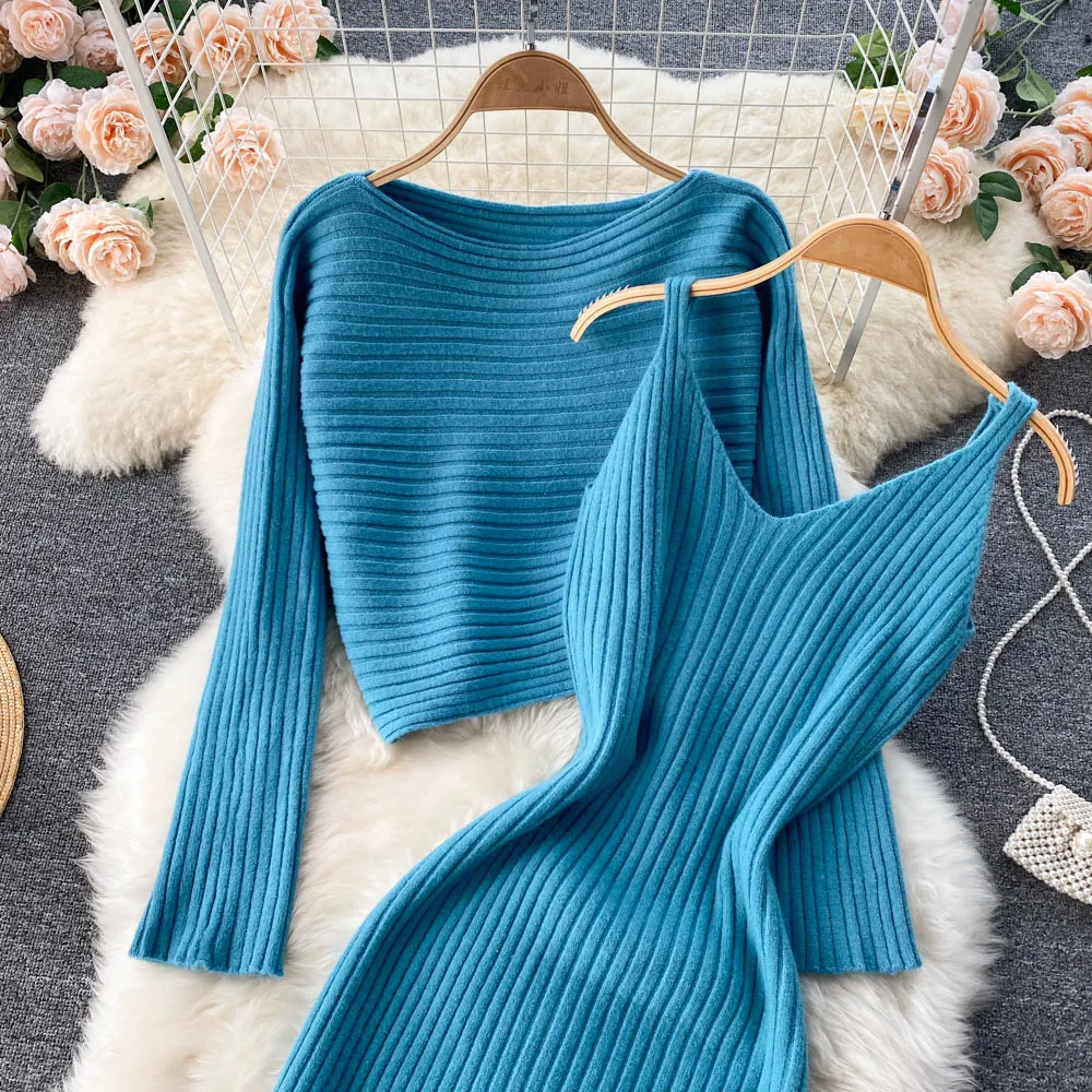 Chic Jersey&Halter V-neck Dress 2Pcs