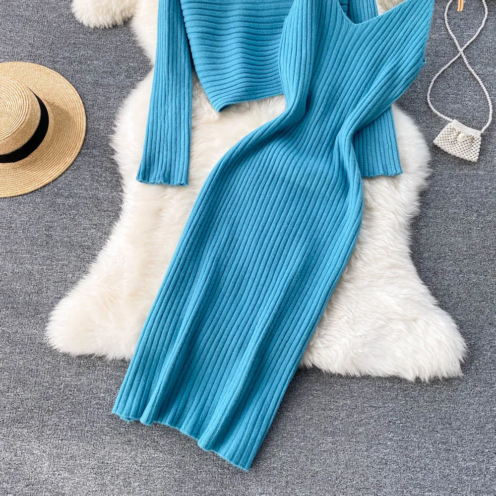 Chic Jersey&Halter V-neck Dress 2Pcs