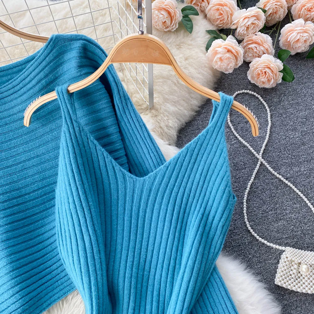 Chic Jersey&Halter V-neck Dress 2Pcs