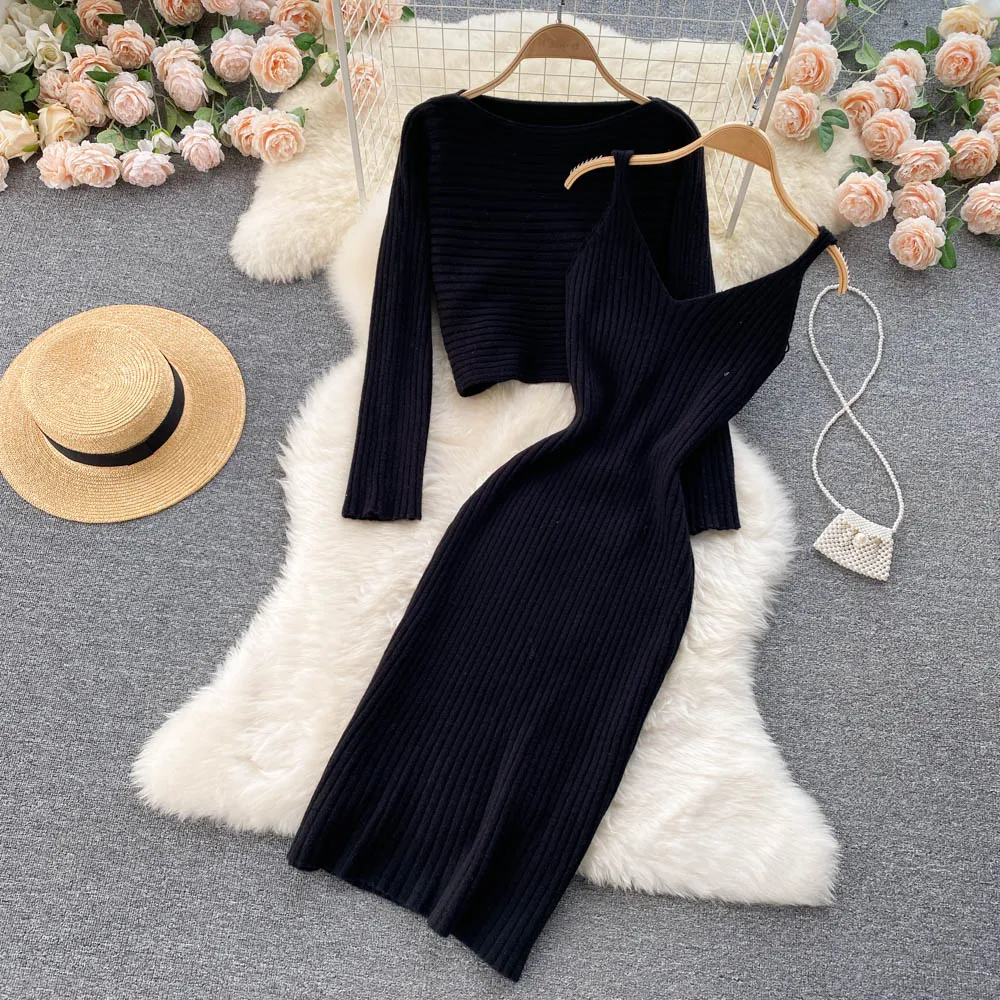 Chic Jersey&Halter V-neck Dress 2Pcs