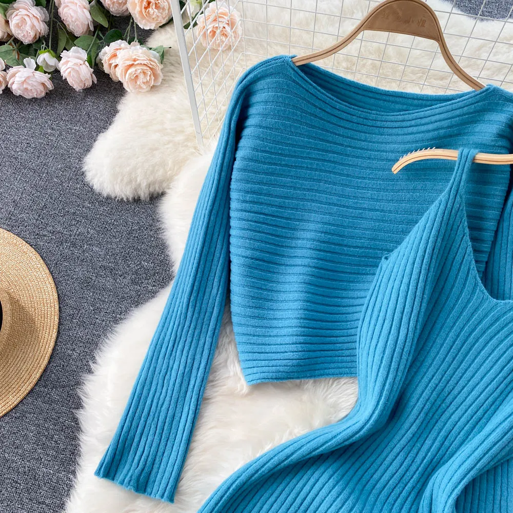 Chic Jersey&Halter V-neck Dress 2Pcs