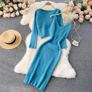 Chic Jersey&Halter V-neck Dress 2Pcs