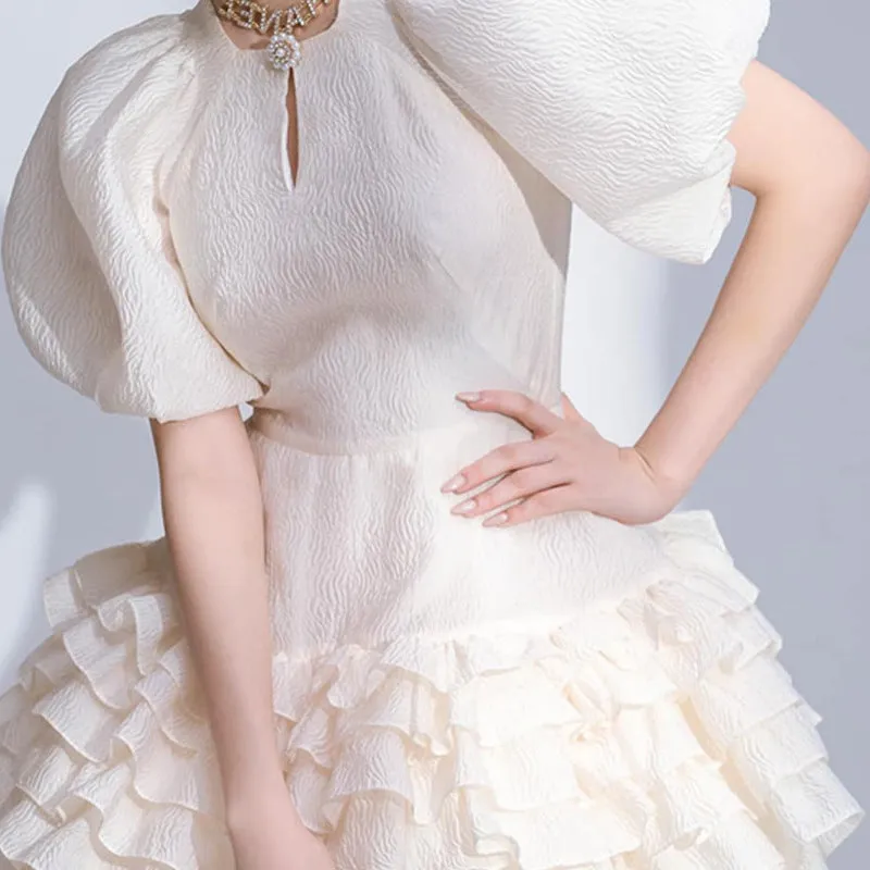 Chic Whirl: Puff Sleeve Jacquard Ruffled A-line Dress