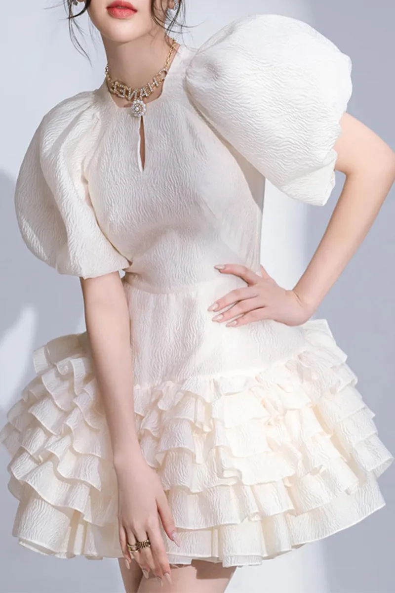 Chic Whirl: Puff Sleeve Jacquard Ruffled A-line Dress