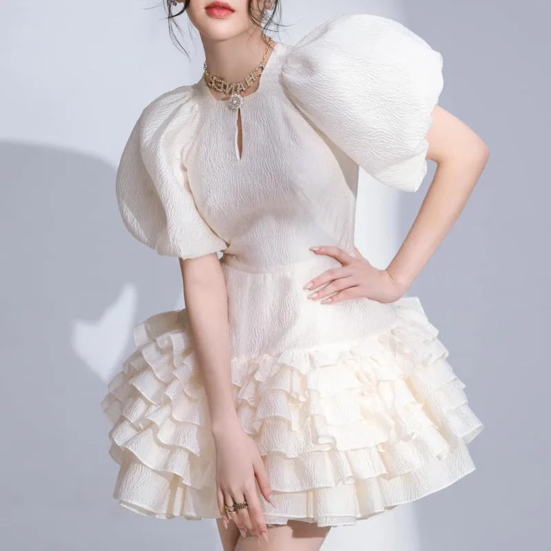 Chic Whirl: Puff Sleeve Jacquard Ruffled A-line Dress