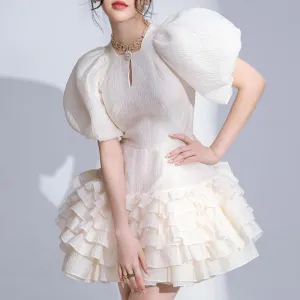 Chic Whirl: Puff Sleeve Jacquard Ruffled A-line Dress
