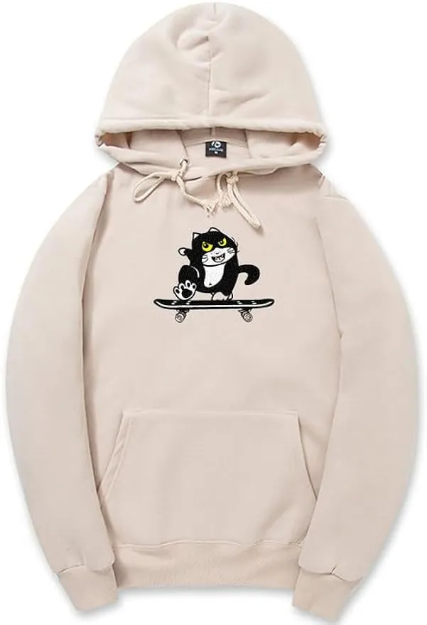 CORIRESHA Cute Cat Skateboard Long Sleeve Drawstring Kangaroo Pocket Hoodie Sweatshirt