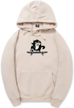 CORIRESHA Cute Cat Skateboard Long Sleeve Drawstring Kangaroo Pocket Hoodie Sweatshirt
