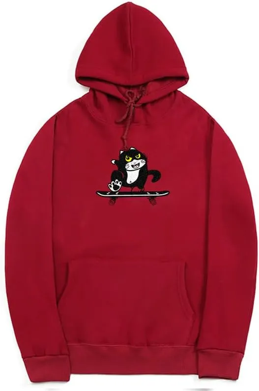 CORIRESHA Cute Cat Skateboard Long Sleeve Drawstring Kangaroo Pocket Hoodie Sweatshirt