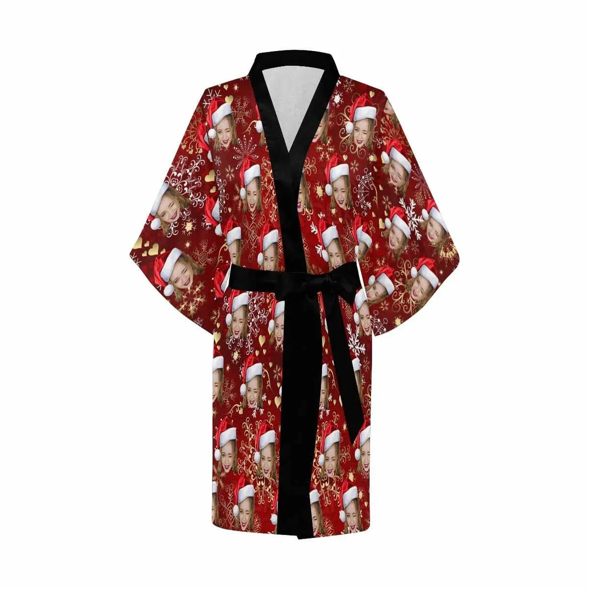 Custom Face Red Snowflake Women's Summer Short Nightwear Funny Personalized Photo Pajamas Kimono Robe