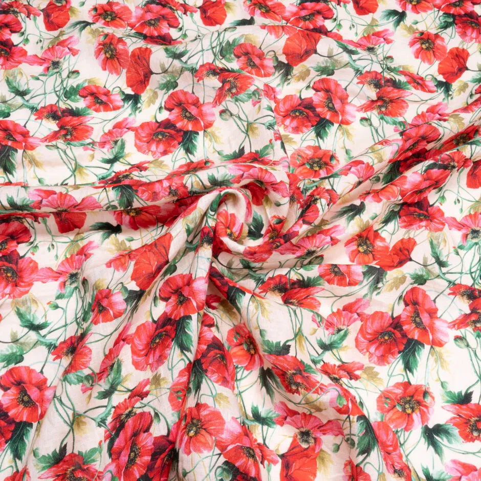 Deep Cherry Poppy Printed Vanilla Lightweight Linen
