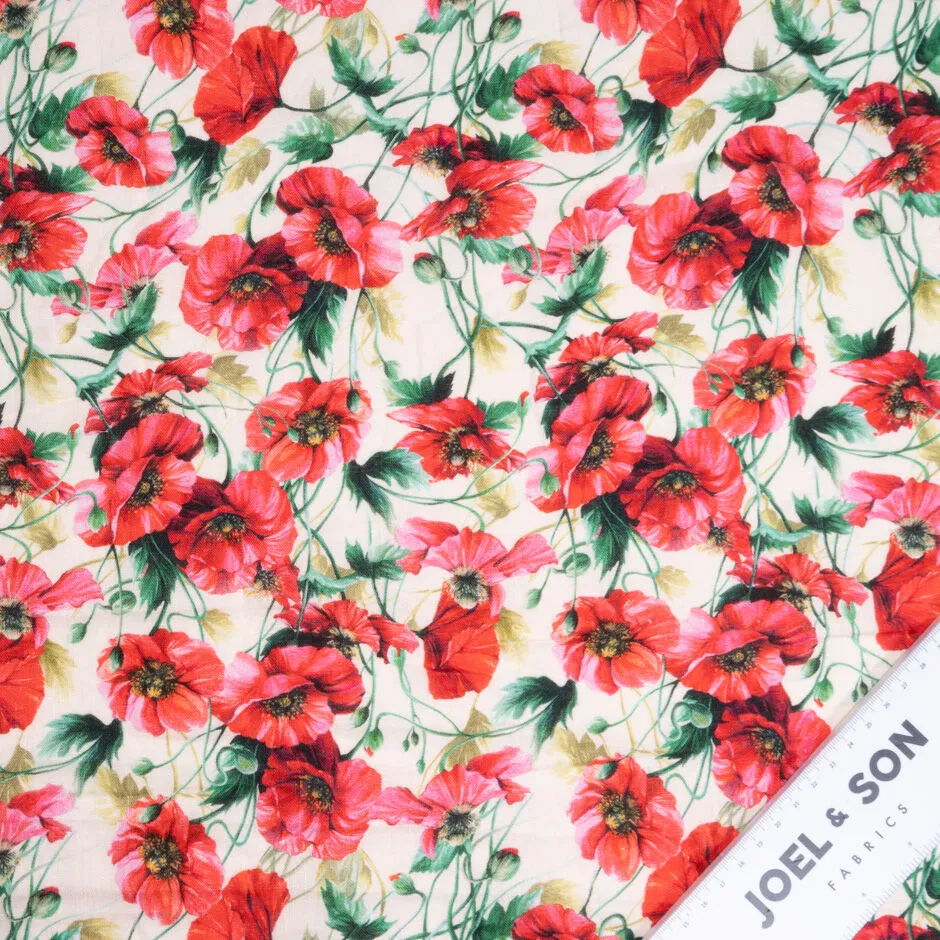 Deep Cherry Poppy Printed Vanilla Lightweight Linen