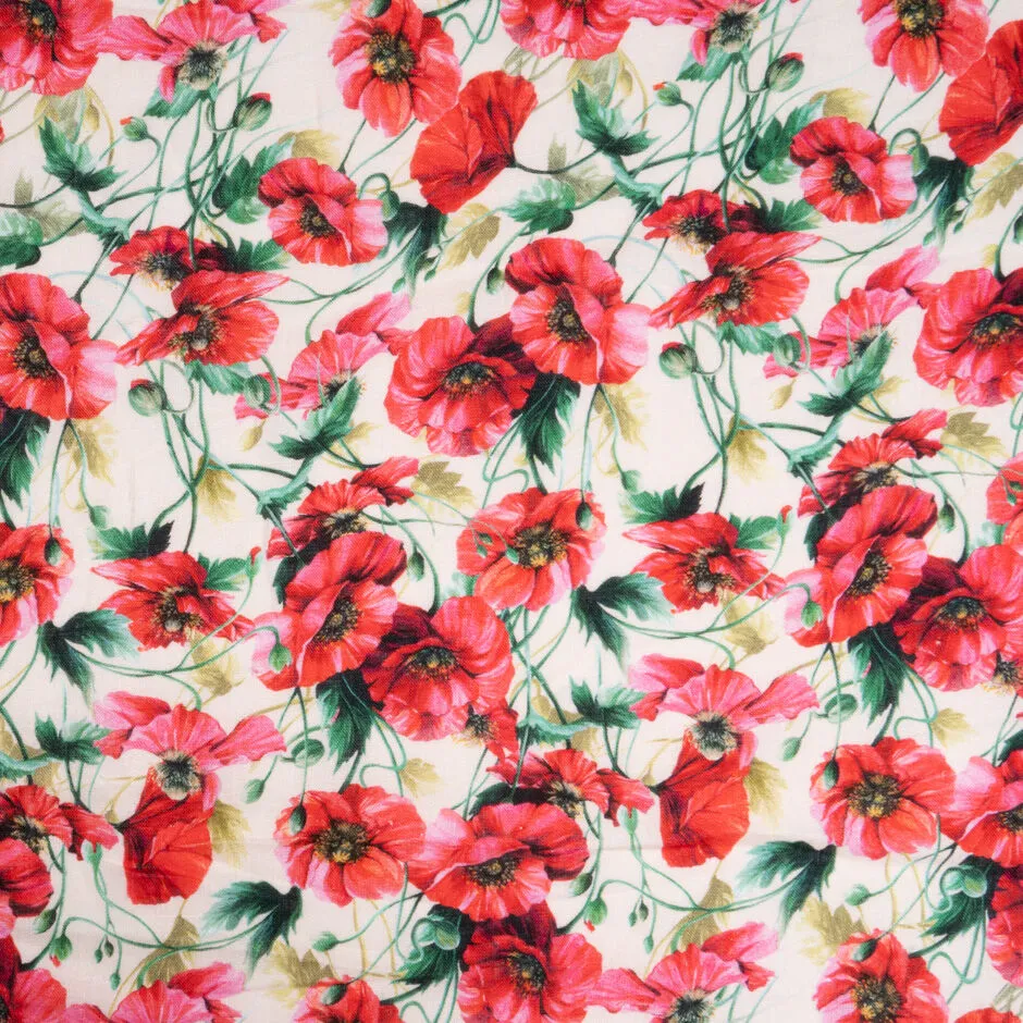 Deep Cherry Poppy Printed Vanilla Lightweight Linen
