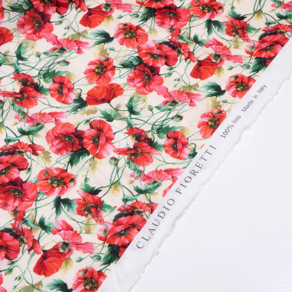 Deep Cherry Poppy Printed Vanilla Lightweight Linen
