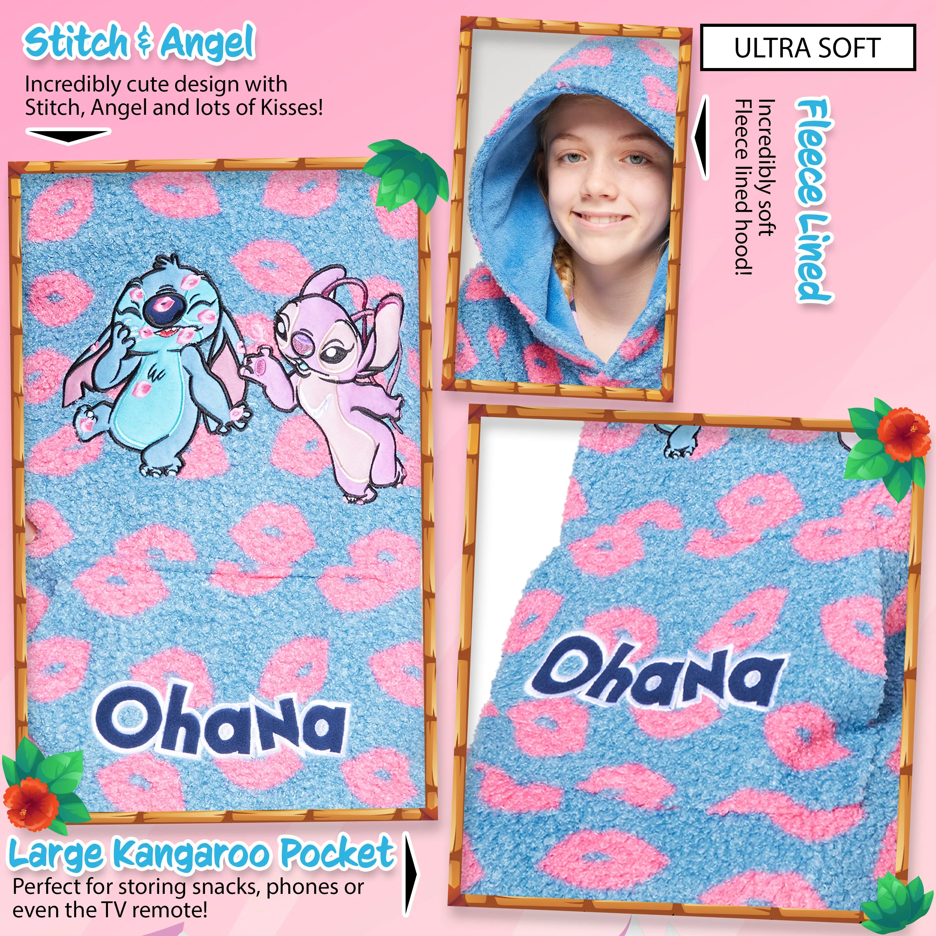 Disney Fleece Hoodie Blanket for Kids -  Blue Stitch & Angel
