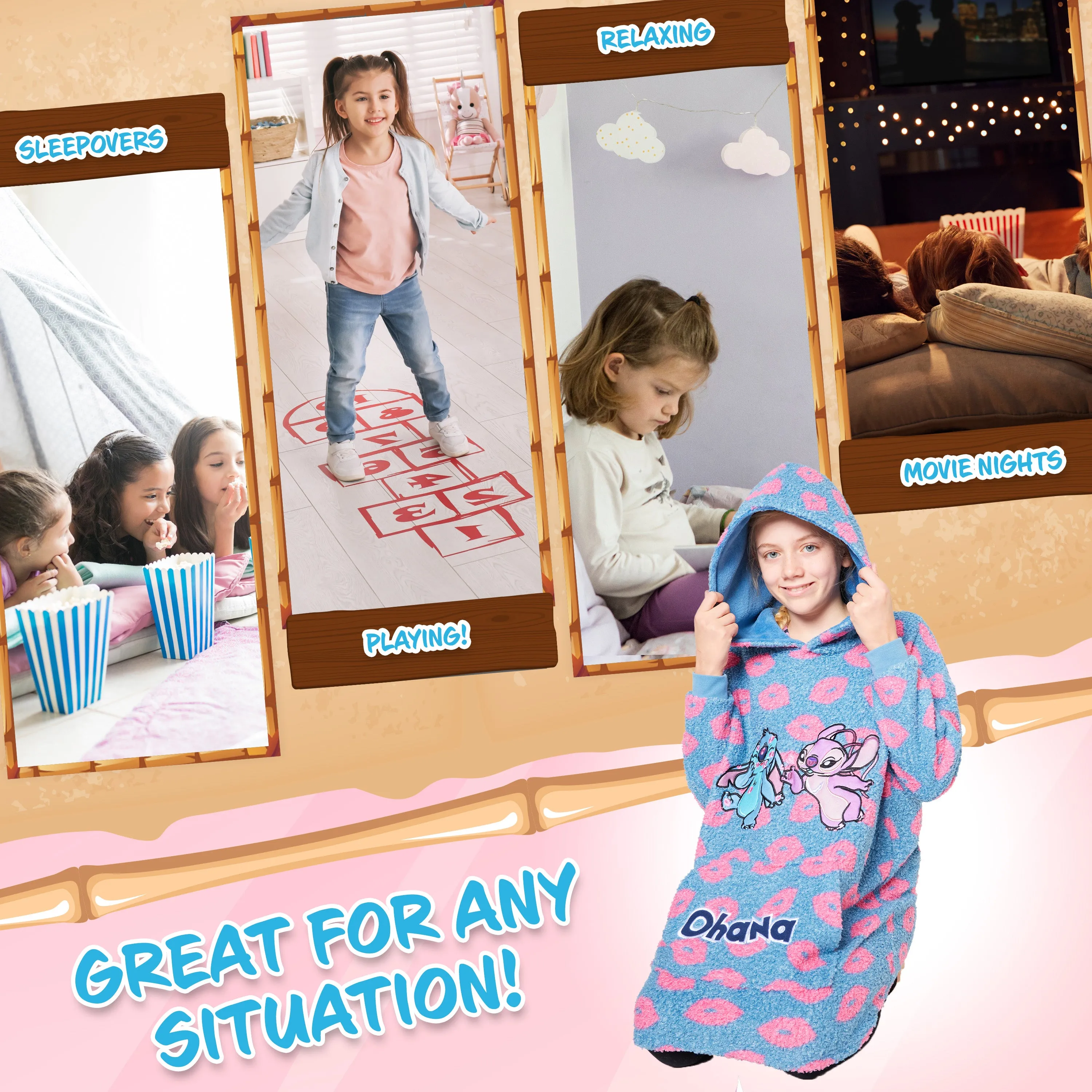 Disney Fleece Hoodie Blanket for Kids -  Blue Stitch & Angel