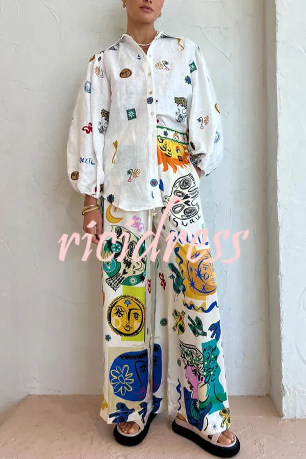 Effortless Silhouette Unique Print Balloon Sleeve Button Loose Shirt