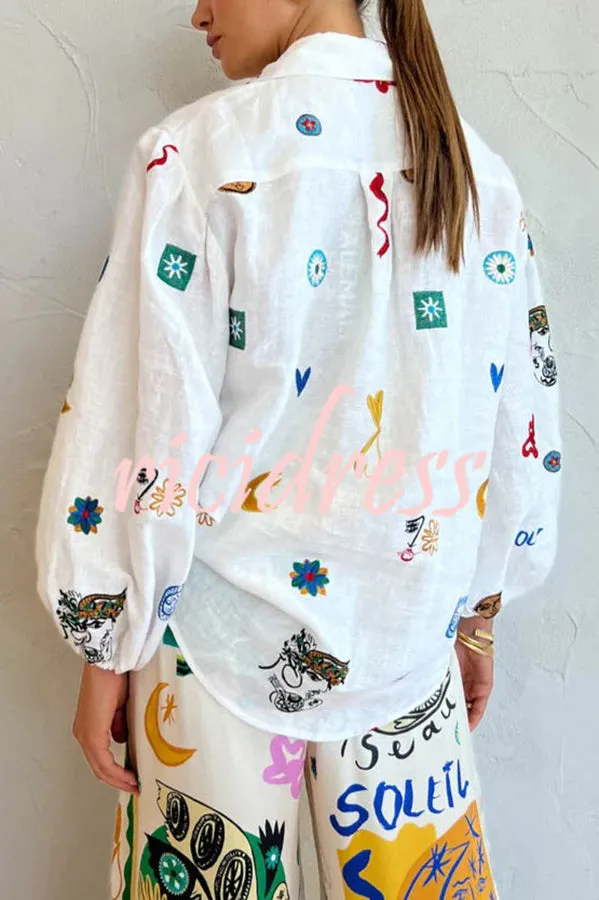 Effortless Silhouette Unique Print Balloon Sleeve Button Loose Shirt