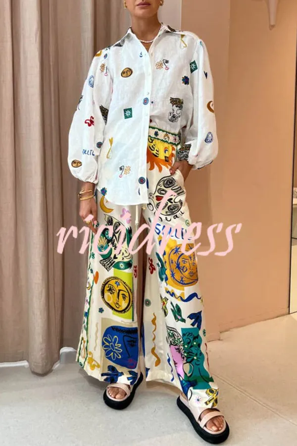 Effortless Silhouette Unique Print Balloon Sleeve Button Loose Shirt