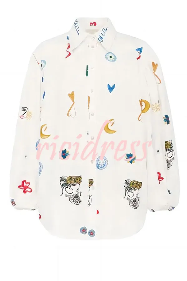 Effortless Silhouette Unique Print Balloon Sleeve Button Loose Shirt