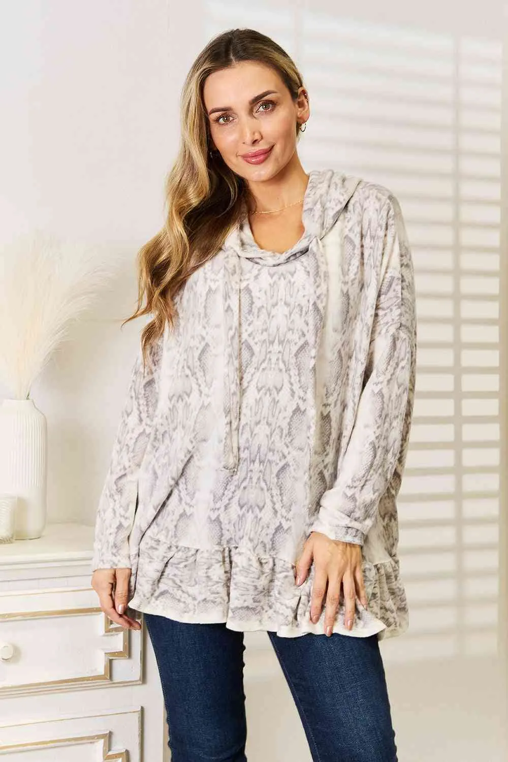 Full Size Snakeskin Print Ruffle Hem Hoodie
