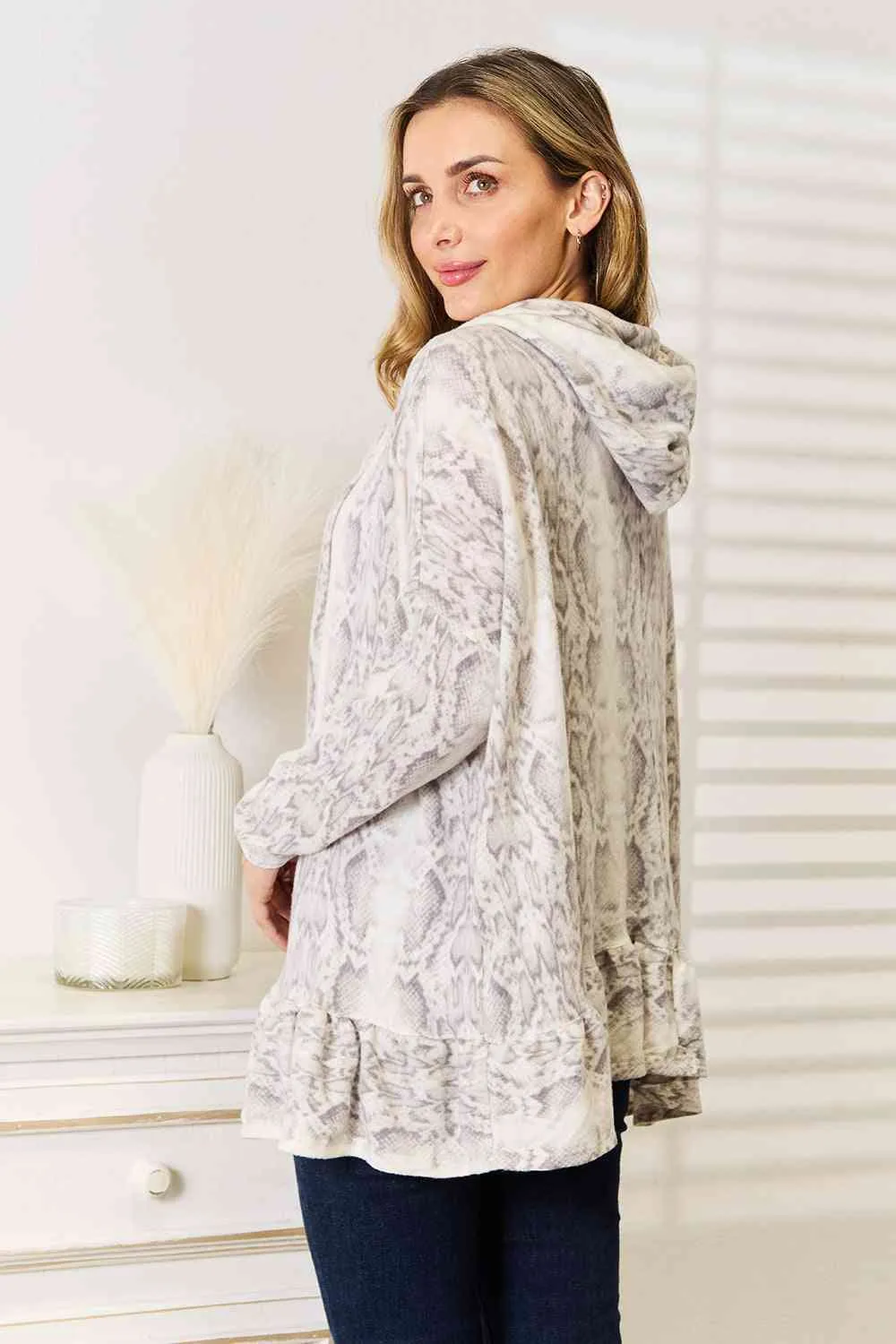 Full Size Snakeskin Print Ruffle Hem Hoodie