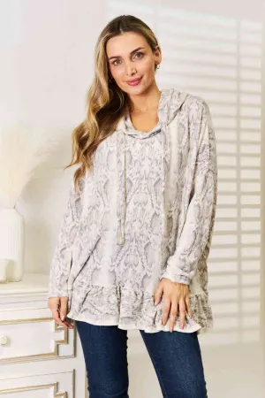 Full Size Snakeskin Print Ruffle Hem Hoodie