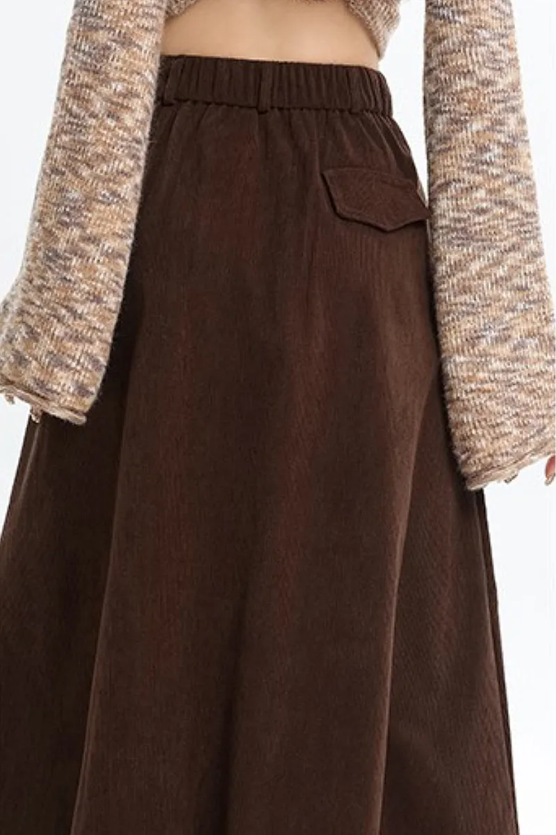 High Waist Button Front Brown Midi Corduroy Skirt