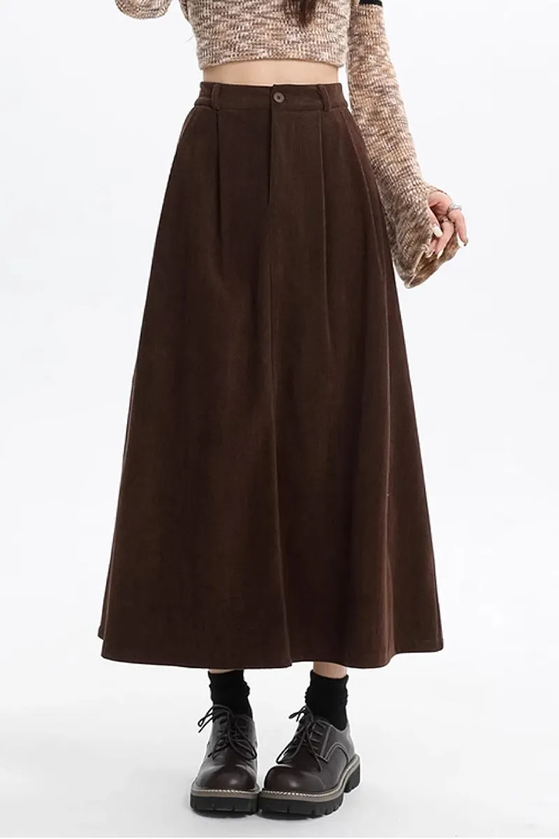 High Waist Button Front Brown Midi Corduroy Skirt