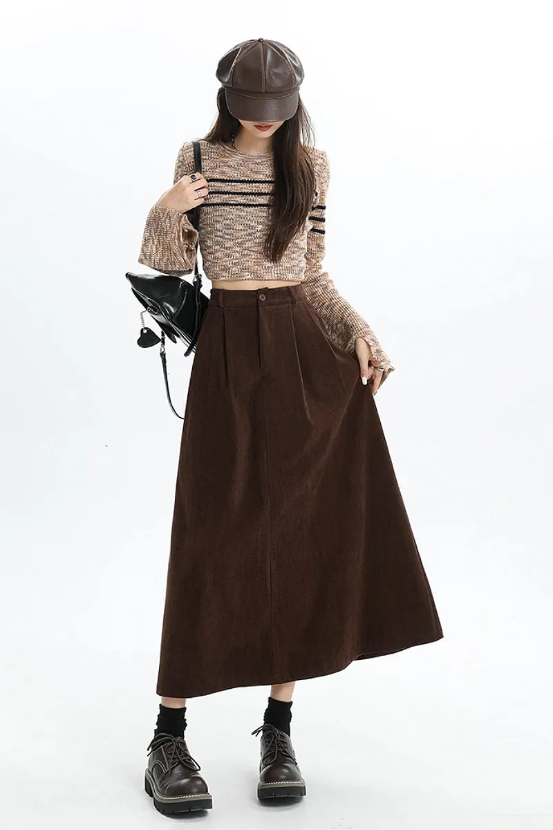 High Waist Button Front Brown Midi Corduroy Skirt