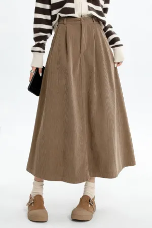 High Waist Button Front Brown Midi Corduroy Skirt